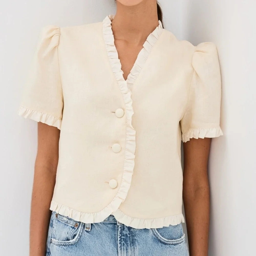Reformation | Bess 100% Linen Puff Sleeve Ruffle Top in Sugar Cream | Size Med